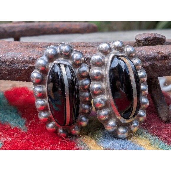 Vintage Onyx Sterling Earrings, Black & Silver Southwestern Earrings - Picture 1 of 10